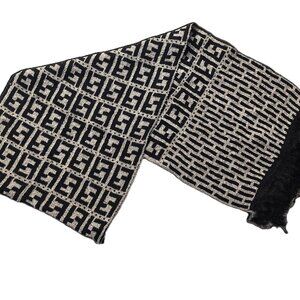 Vintage FENDI Black & Silver Monogram & Geometric Print Scarf with Black Fringes